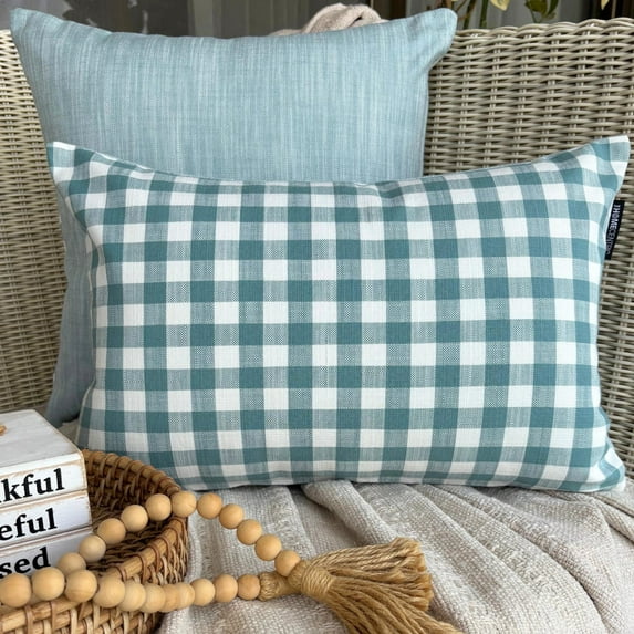 Buffalo Checks Aqua Decorative Lumbar Pillow Cover 12" x 20" | Contemporary Cotton Oblong Cushion Cover Checkered | Nursrey, Country & Farmhouse Pillowcases for Bed, Couch & Sofa - Grid Loom Aqua