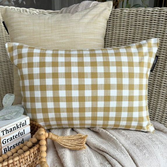 Buffalo Checks Ochre Decorative Lumbar Pillow Cover 12" x 22" | Contemporary Cotton Oblong Pillow Cover Checkered | Nursrey, Country & Farmhouse Pillowcases for Bed, Couch & Sofa - Grid Loom Ochre