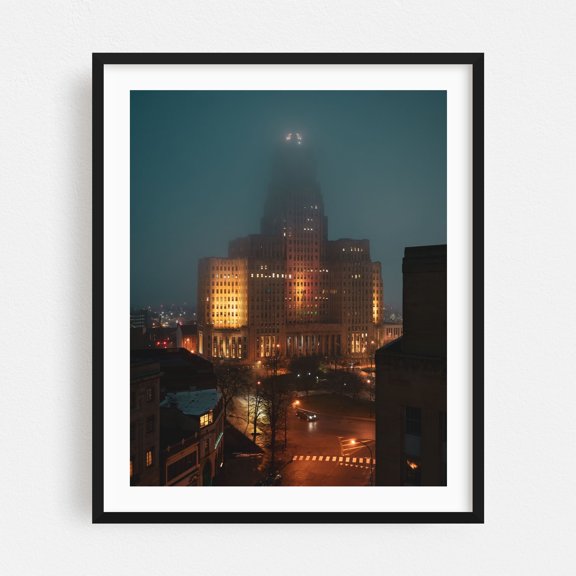 Buffalo City Hall in Fog - Buffalo New York Photography Cityscape Nightlife Architecture Art Deco Skyline Vintage City Black Framed Wall Art Print 18 x 24 inches