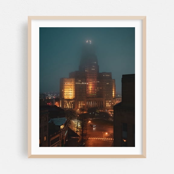 Buffalo City Hall in Fog - Buffalo New York Photography Oak Framed Wall Art Print 24 x 30 inches