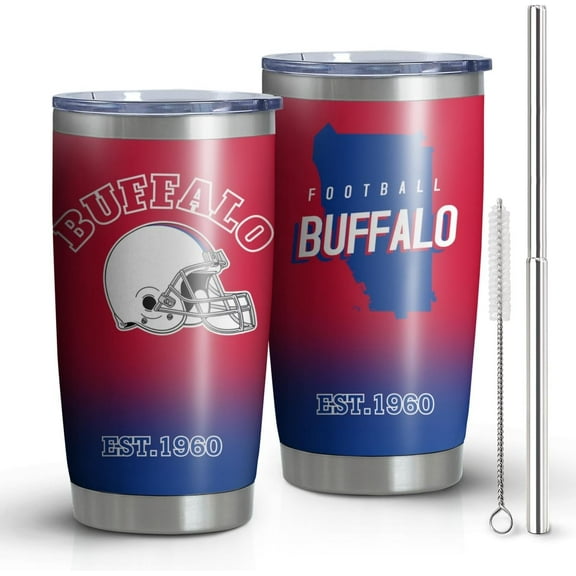 Buffalo City Tumblers with Lid and Straws, 20oz Travel Mug Keeps Drinks Cold & Hot Stainless Steel Insulated Cup, Gift for Football Fans