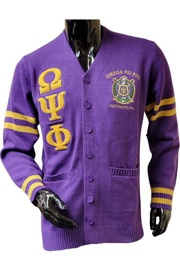 Omega Psi Phi Chenille Varsity Cardigan [Button Down - Purple - M]