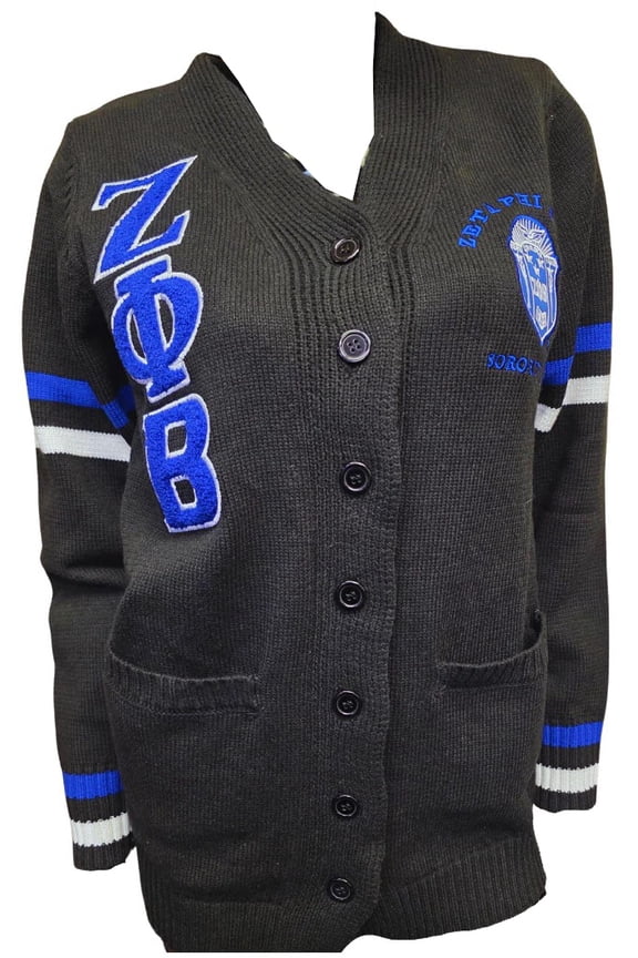 Zeta Phi Beta Chenille Varsity Cardigan [Button Down - Black - L]