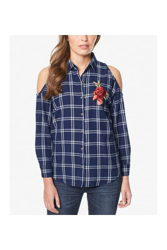 Buffalo David Bitton Embroidered Cold-Shoulder Shirt (Nautical Plaid, XS)