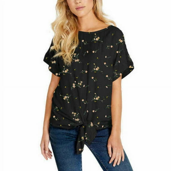 Buffalo David Bitton Ladies' Tie Front Top Blouse, Black Floral Small - NEW
