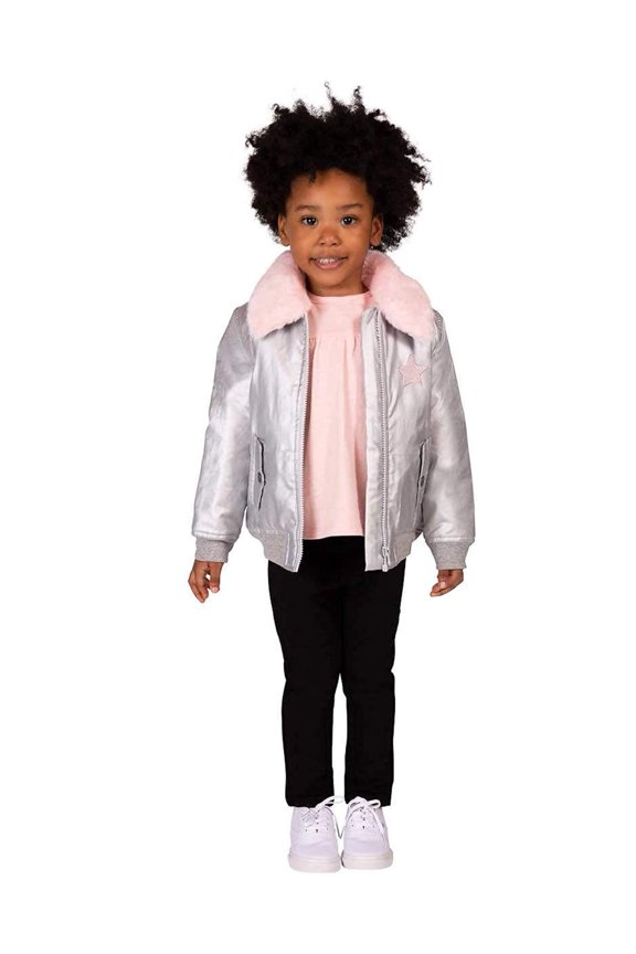 Buffalo David Bitton Little Girls 3 Piece Shirt, Jeggings and Puffer Jacket Set, Silver, 3T
