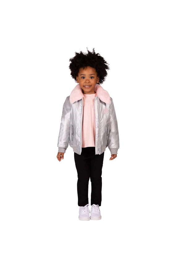 Buffalo David Bitton Little Girls 3 Piece Shirt, Jeggings and Puffer Jacket Set, Silver, 4T