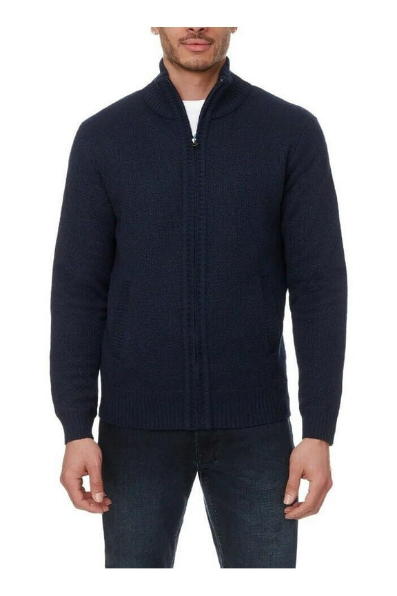 Buffalo David Bitton Mens Full Zip Faux Fur Lined Sweater (Blue, Large)
