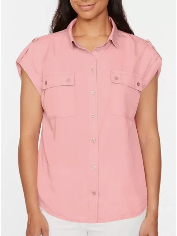 Buffalo David Bitton Pink Soft Acid Wash Utility Short Sleeve Collared, Button-Up Shirt (Women's XL)