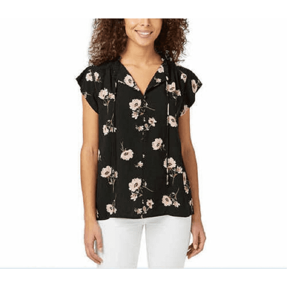 Buffalo David Bitton Women's Flutter Sleeve Floral Top, Black Blossom Small