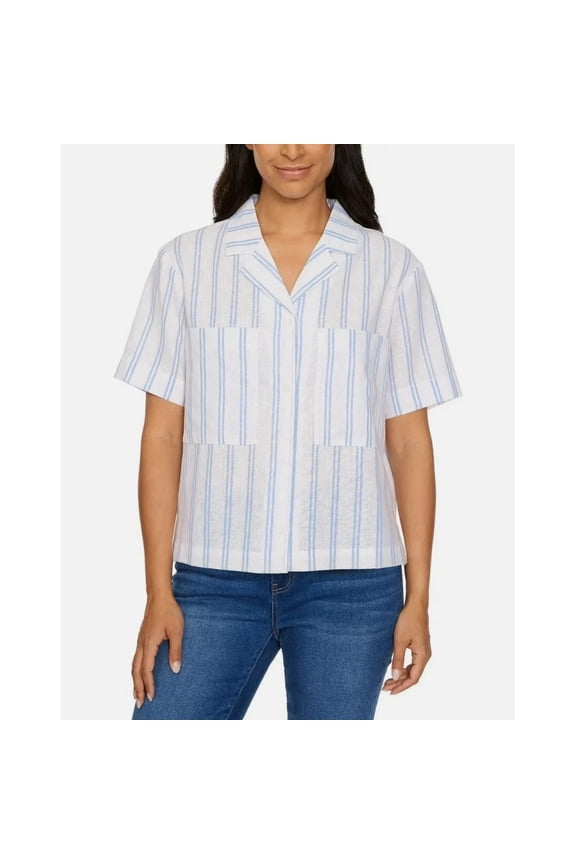 David Bitton Women's Linen Blend Short Sleeve Top Blue/White, Size L