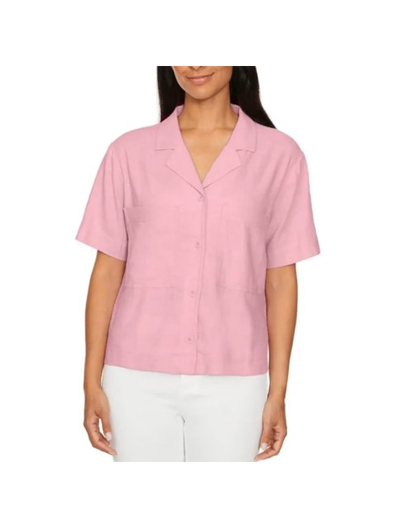 David Bitton Women's Linen Blend Short Sleeve Utility Button Front Shirt, Pink, Size M