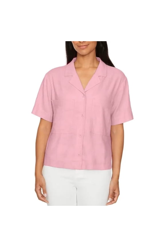 David Bitton Women's Linen Blend Short Sleeve Utility Button Front Shirt, Pink, Size S