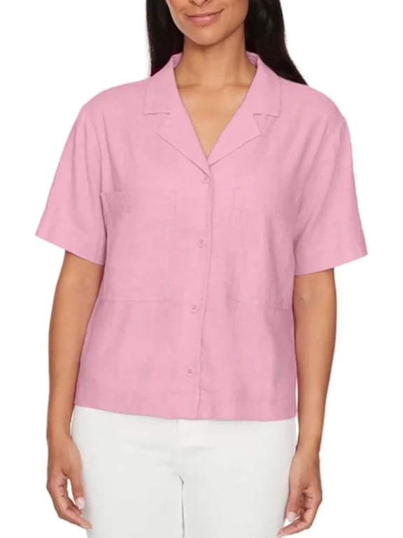 David Bitton Women's Linen Blend Short Sleeve Utility Button Front Shirt, Pink, Size XL