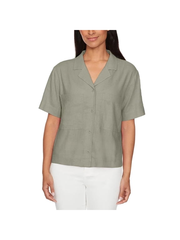 David Bitton Women's Linen Blend Short Sleeve Utility Button Front Shirt (US, Alpha, Large, Regular, Regular, Light Olive (Green))
