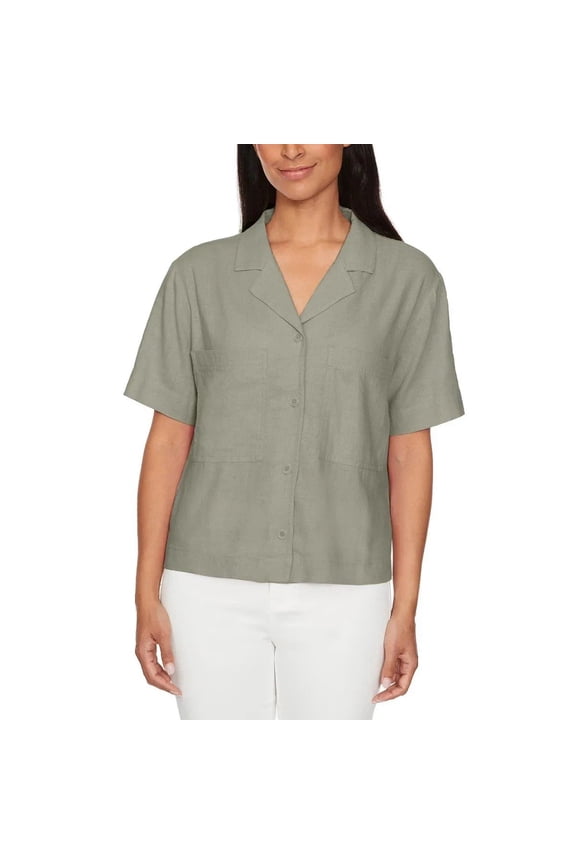 David Bitton Women's Linen Blend Short Sleeve Utility Button Front Shirt (US, Alpha, Large, Regular, Regular, Light Olive (Green))