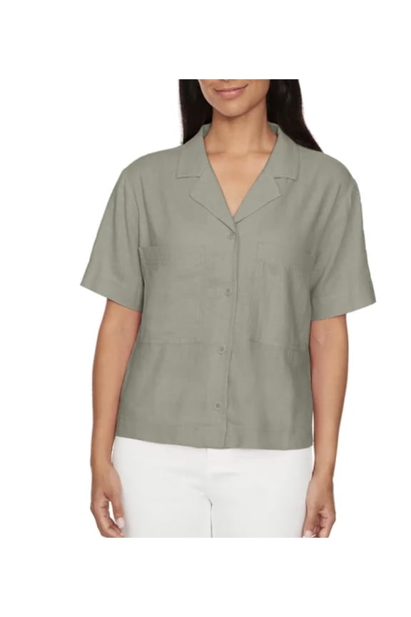 Buffalo David Bitton Women's Linen Blend Short Sleeve Utility Button Front Shirt (US, Alpha, X-Large, Regular, Regular, Light Olive (Green))