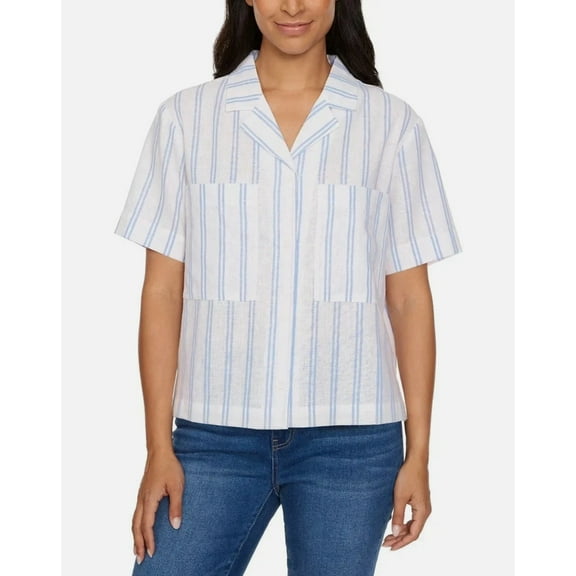 Buffalo David Bitton Women's Linen Blend Short Sleeve Utility Button Front Shirt XL