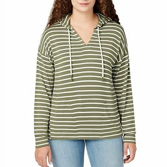 Buffalo David Bitton Women's Super Soft Knit Relaxed Fit Long Sleeve Striped Hoodie with Pockets (XX-Large, Olive/White)