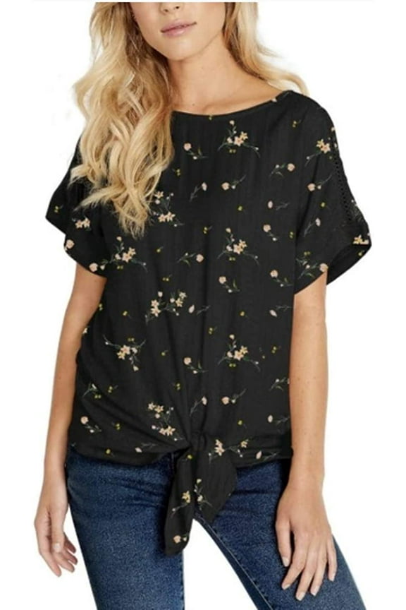 Buffalo David Bitton Women's Tie Front Top Blouse (Black Floral, 3X)