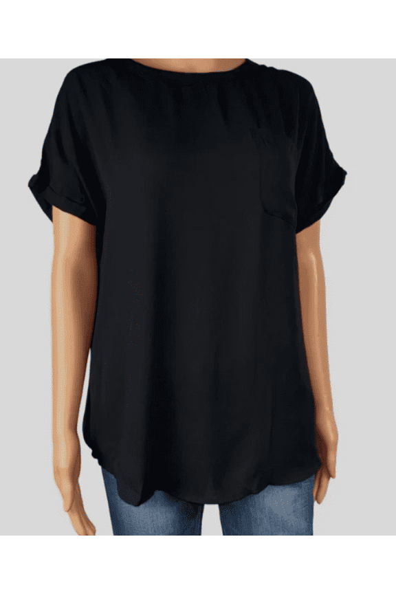 David Bitton Women's Woven Blouse Patch Pockets Top Black Large