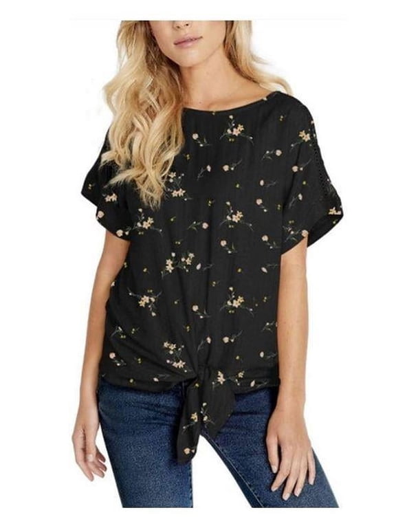 David Bitton Womens' Flutter Sleeve Floral Top (Black Ditsy Bouquet, XS)