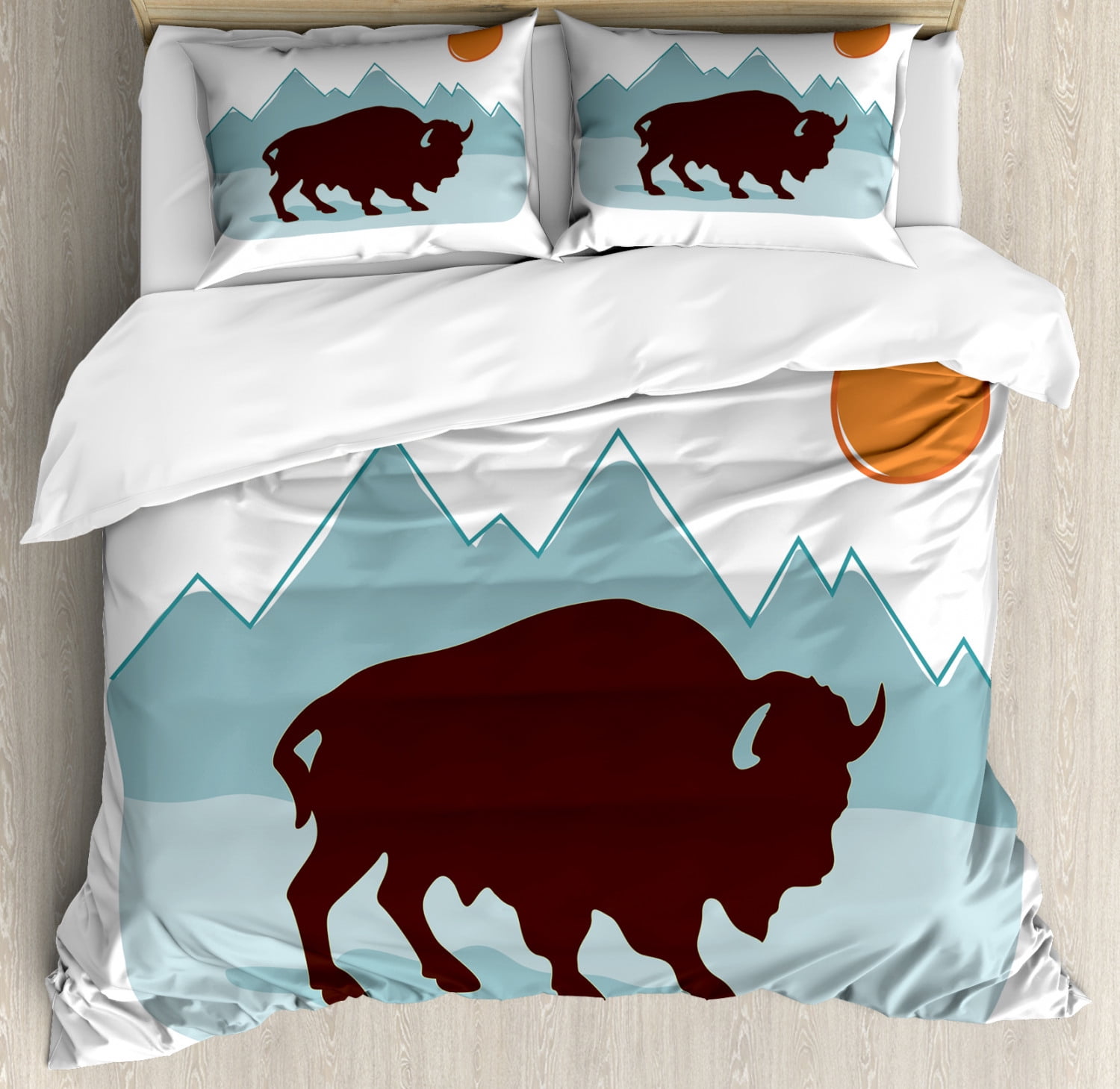 Buffalo Duvet Cover Set, Wild American Bison with Horns Mountain and ...