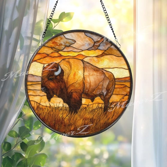 Buffalo Glass Suncatcher, Western Prairie Window Art, Rustic Wildlife Decor, 3.5 in