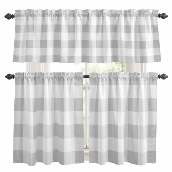 Buffalo Grey Plaid Kitchen Curtains Set for Windows, Spring Simple Pattern Curtains Valance and Tier 3 Piece Set Small Drapes 24 Inch Length for Kitchen Bedroom Decor