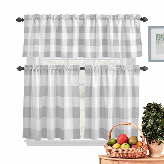 Buffalo Grey Plaid Kitchen Curtains Valances 3 Piece Set, Spring Simple Pattern Rod Pocket Tier Curtain and Valance Drapes for Small Window 36 Inch Length for Bedroom Cafe