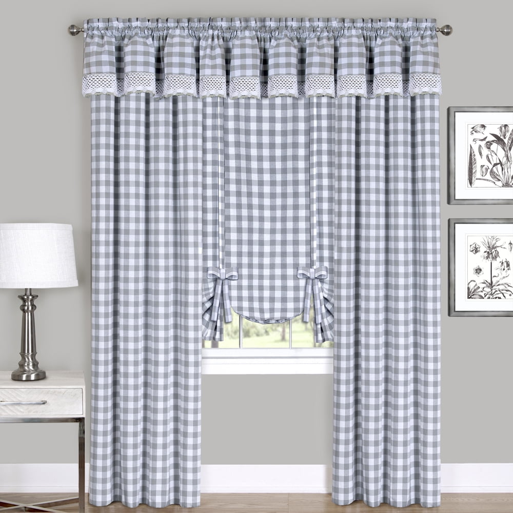 Gray Plaid Cotton Blend Rod Pocket Window Curtain Panel