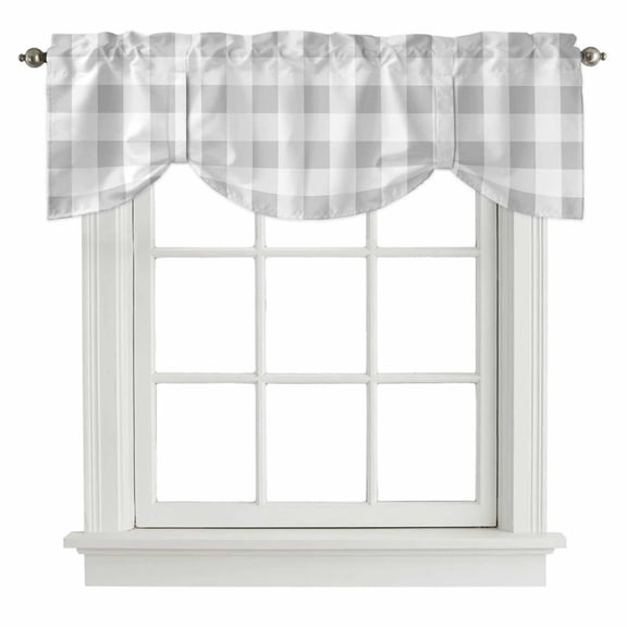 Buffalo Grey Plaid Tie Up Valance for Windows, Spring Simple Pattern Adjustable Rod Pocket Tie Up Valance Curtains Window Treatment for Kitchen Bathroom Bedroom 42 X 18 Inch