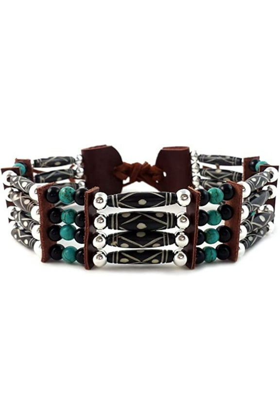 Buffalo Hair Pipe Strap Choker Necklace in 4 Strands Lines Black Blue Turquoise with Adjustable Ties