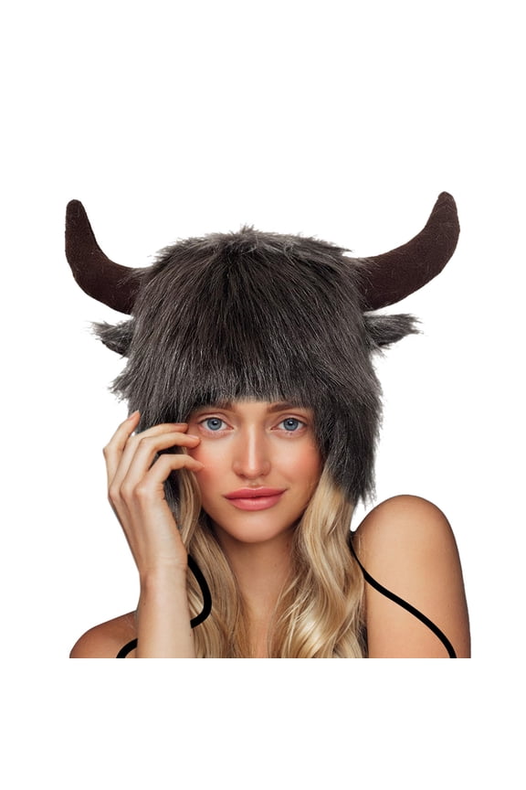 Buffalo Hat with Horns, Furry Earmuff Winter Hat with Earflaps, Unisex Buffalo Ear Headwear for Cold Weather, Cosplay Costume and Theme Party-Coffee