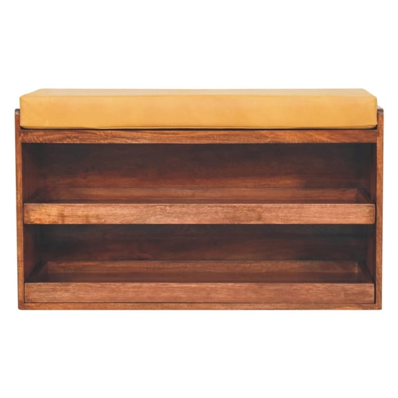 Buffalo Hide Topped Shoe Basket In Solid Wood With Pull-out Drawers, Bin Leather Accents And 2 Honey