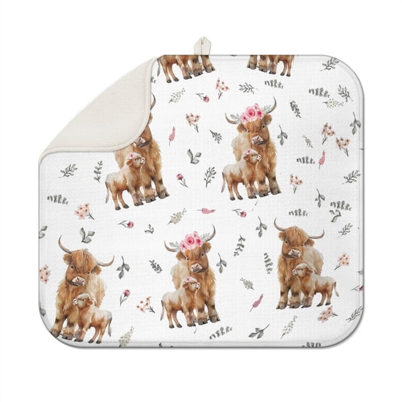 Buffalo & Highland Aesthetic Drying Pad - 3-Layer Thick Absorbent Dish Mat for Sink, Foldable Heat Resistant Farmhouse Kitchen Mat with Artistic Pattern