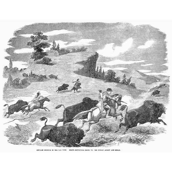 Buffalo Hunt, 1857. /N'Buffalo Hunting In The Far West. Colt'S Revolving Pistol Vs. The Indian Arrow And Spear.' Wood Engraving, 1857. Poster Print by (18 x 24)