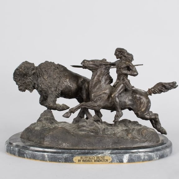 Buffalo Hunt Handmade Solid Bronze Sculpture Inspired By Frederic Remington