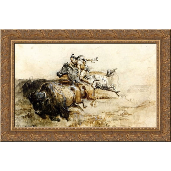 Buffalo Hunter 24x18 Gold Ornate Wood Framed Canvas Art by Charles M. Russell