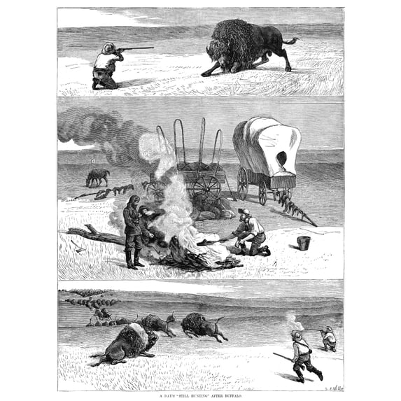 Buffalo Hunting 1877. N'A Day'S Still-Hunting After Buffalo.' Buffalo Hunters On The Great Plains. Engraving American