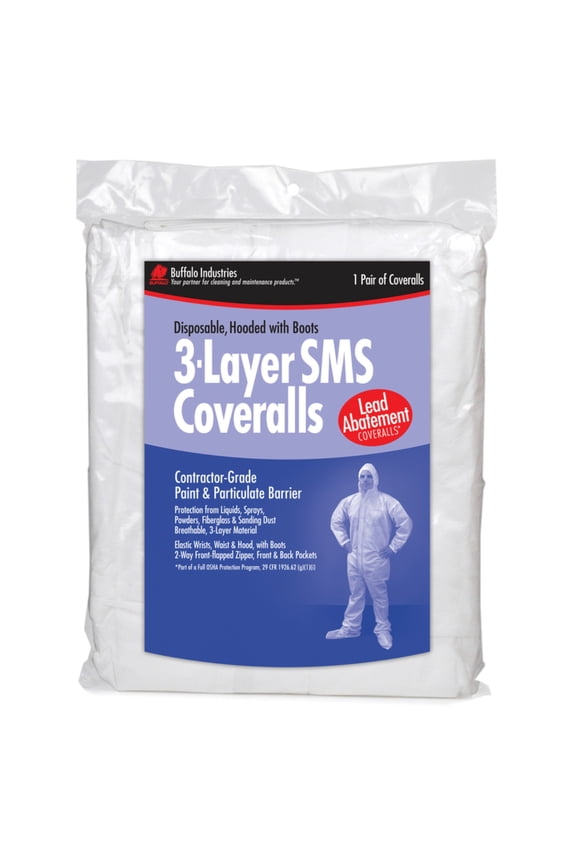 Large Buffalo 68441 Coveralls Disposable 3-Layer Contractor-Grade SMS Coveralls, w/ Hood & Boots