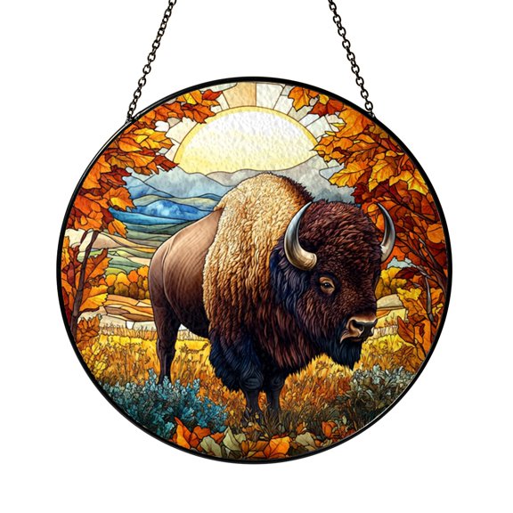 Buffalo Inspired Glass Window Panel with Autumn Tree Landscape, Wildlife Scene Light Catching Decor, Rustic Nature Glass Hanging for Home Window Display