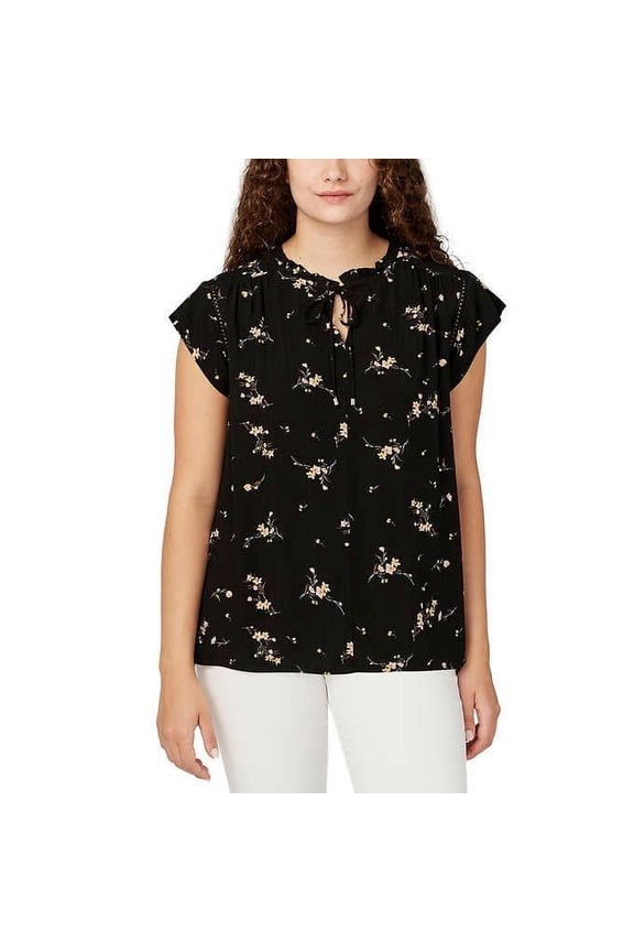 Buffalo Ladies' Flutter Sleeve Floral Top Split Neckline Tie Closure Size: L, Color: Black (Ditsy Bouquet)
