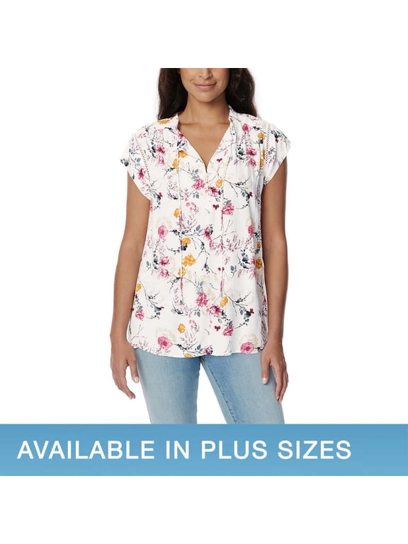 Ladies' Flutter Sleeve Floral Top Split Neckline Tie Closure Size: L, Color: Floral Cascade