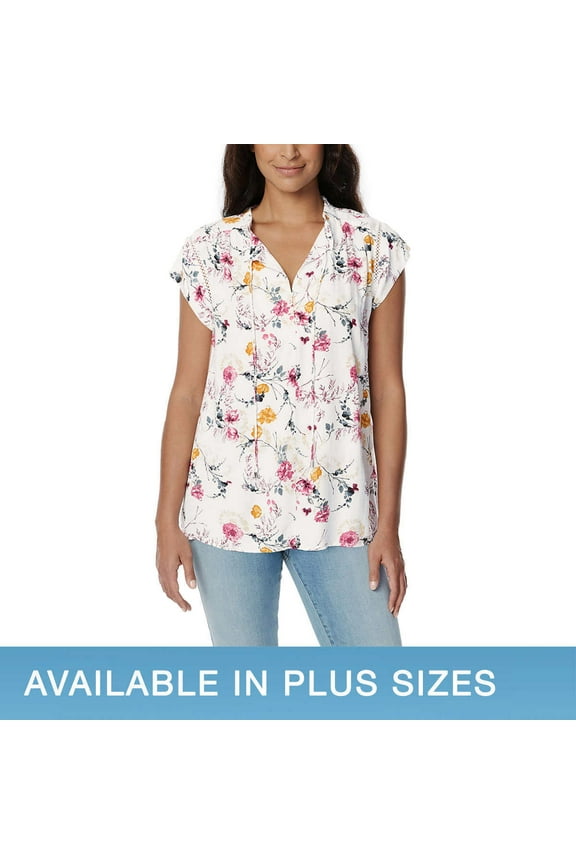 Ladies' Flutter Sleeve Floral Top Split Neckline Tie Closure Size: L, Color: Floral Cascade