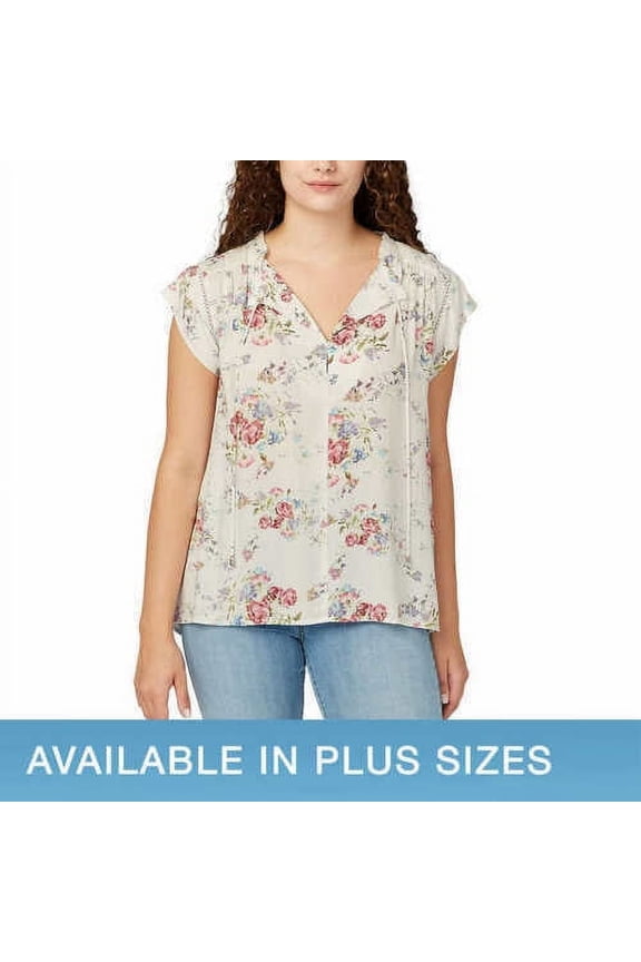 Buffalo Ladies' Flutter Sleeve Floral Top Split Neckline Tie Closure Size: XL, Color: Ivory Flowers