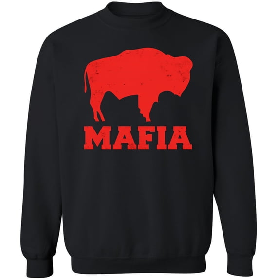 Buffalo Mafia Distressed Crewneck Sweatshirt | New York Bill Football City Fan Club Pullover Game Day Top (Black, Large)