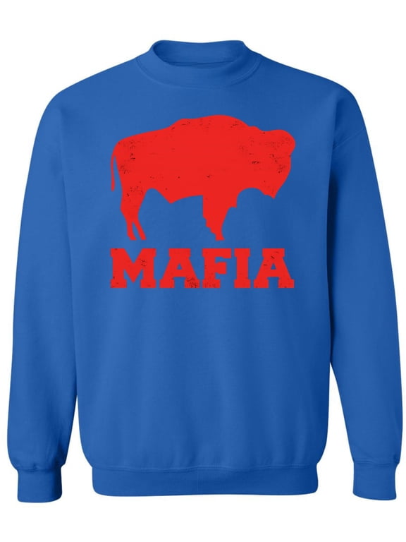 Buffalo Mafia Distressed Crewneck Sweatshirt | New York Bill Football City Fan Club Pullover Game Day Top (RoyalBlue, X-Large)