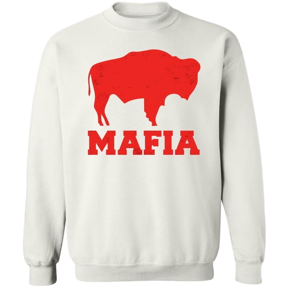 Buffalo Mafia Distressed Crewneck Sweatshirt | New York Bill Football City Fan Club Pullover Game Day Top (White, 5X-Large)