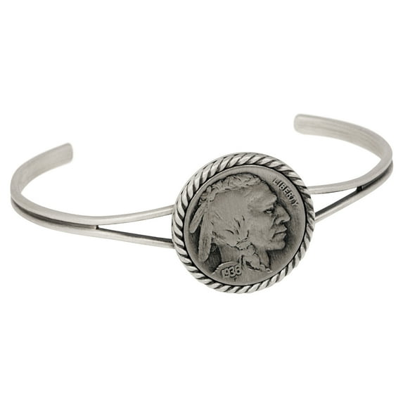 Buffalo Nickel Coin Cuff Bracelet | Silvertone Brass Finish Pewter Bezel | Adjustable Size | Genuine Coin Over 80 Years Old | Certificate of Authenticity